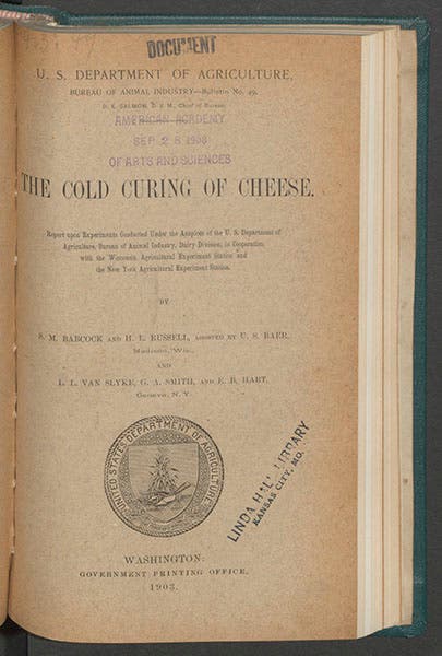 Cover of the issue of the Bulletin of the Bureau of Animal Industry in which Babcock and H.L. Russell revealed the results of their experiments on cold-curing cheese, 1903 (Linda Hall Library)