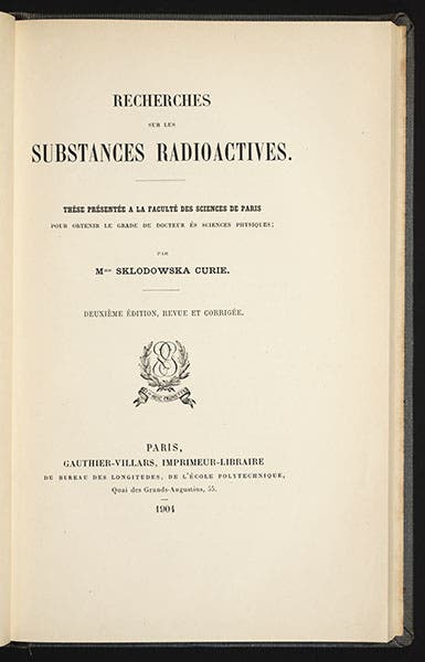 Title page, Marie Curie, Recherches sur les substances radioactives, 1904 (Linda Hall Library)