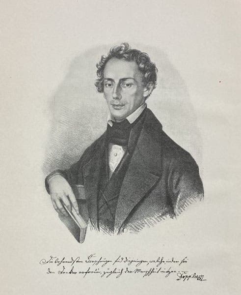 Portrait of Christian Doppler, copy of a lithograph, frontispiece to Abhandlungen von Christian Doppler, ed. by H.A. Lorentz, 1907 (Linda Hall Library)