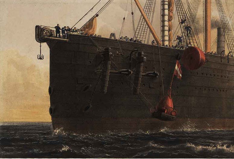 Dropping a marker buoy from the Great Eastern, 1865, detail of a chromolithograph by Robert Dudley, in The Atlantic Telegraph, by William Howard Russell, [1866] (Linda Hall Library)