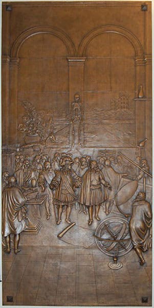 Louis XIV and Jean- Baptiste Colbert visiting the Royal Academy of Sciences, bronze wall panel modelled on Le Clerc’s frontispiece of 1671 (second image), by Bruno Bearzi, Linda Hall Library auditorium (Linda Hall Library)