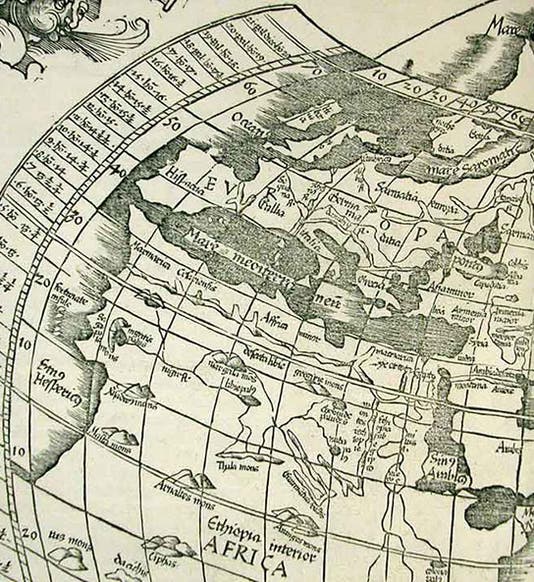 The Mediterranean region, detail of world map, woodcut, Geographicae enarrationis libri octo, by Ptolemy of Alexandria, 1525 (Linda Hall Library)