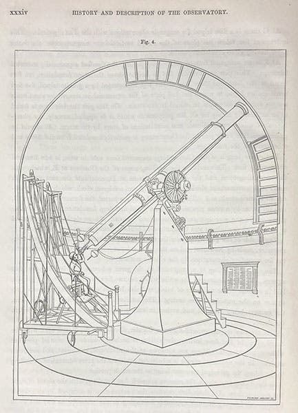 “Great Refractor” at Harvard College Observatory, with observing chair in use, line-drawing, Annals of Harvard College Observatory, vol. 1, p. xxxiv, 1856 (Linda Hall Library)