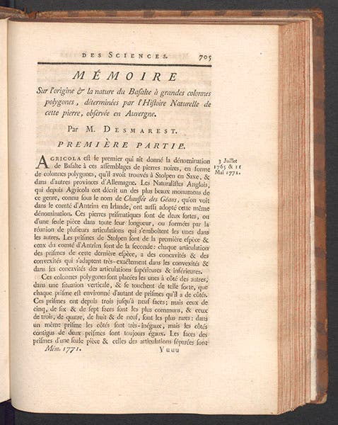 First page of Nicolas Desmarest’s paper “Sur l’origine & nature du Basalte, Memoires de l’académie royale des sciences pour 1771 (Linda Hall Library)