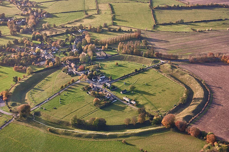 Avebury Circle, and the village of Avebury, from the air, recent photograph (Wikimedia commons)