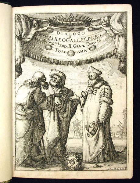 Ptolemy and Aristotle (left) and Copernicus (on the right, with the features of Galileo), engraved frontispiece by Stefano della Bella, Galileo Galilei, Dialogo, 1632 (Linda Hall Library)