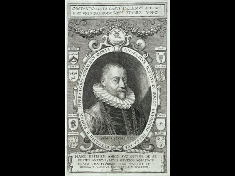 L0028802 Anselmus de Boodt (Boetius), physician to Rudolph II, wearin
Credit: Wellcome Library, London. Wellcome Images
images@wellcome.ac.uk
http://wellcomeimages.org
Anselmus de Boodt (Boetius), physician to Rudolph II, wearing a chain of office and a ruff, with an elaborate heraldic border. Line engraving by A. Sadeler.
Line engraving
By: Aegidius Sadelerafter: Aegidius SadelerPublished:  - 

Copyrighted work available under Creative Commons Attribution only licence CC BY 4.0 http://creativecommons.org/licenses/by/4.0/