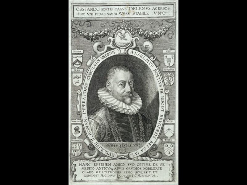 L0028802 Anselmus de Boodt (Boetius), physician to Rudolph II, wearin
Credit: Wellcome Library, London. Wellcome Images
images@wellcome.ac.uk
http://wellcomeimages.org
Anselmus de Boodt (Boetius), physician to Rudolph II, wearing a chain of office and a ruff, with an elaborate heraldic border. Line engraving by A. Sadeler.
Line engraving
By: Aegidius Sadelerafter: Aegidius SadelerPublished:  - 
Copyrighted work available under Creative Commons Attribution only licence CC BY 4.0 http://creativecommons.org/licenses/by/4.0/