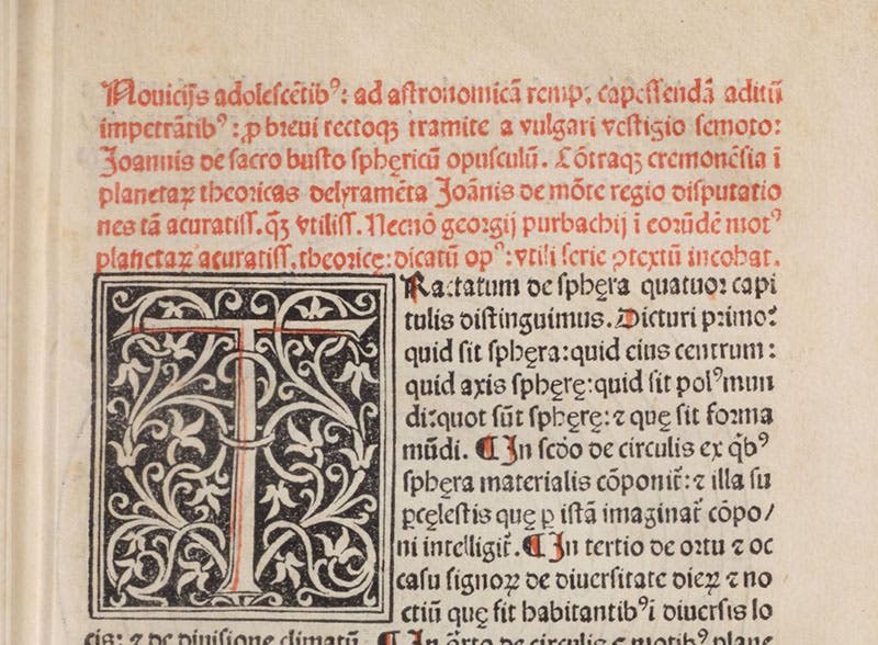 First paragraph and initial letter, printed in red and black, listing Sacrobosco, Regiomontanus, and Peurbach among the authors included, Sphaera mundi, by Johannes de Sacobosco, 1482 (Linda Hall Library)