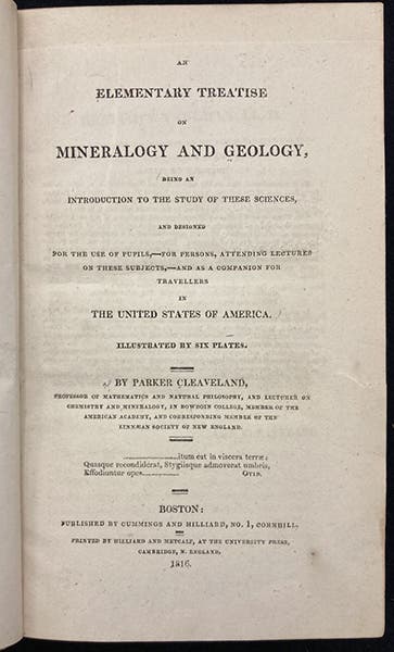 Title page, An Elementary Treatise on Mineralogy and Geology, by Parker Cleaveland, 1816 (Linda Hall Library)