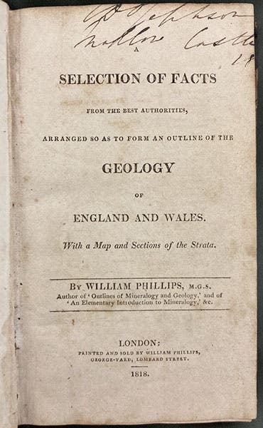 Title page, A Selection of Facts from the Best Authorities, Arranged so as to Form an Outline of the Geology of England and Wales, by William Phillips, 1818 (Linda Hall Library)