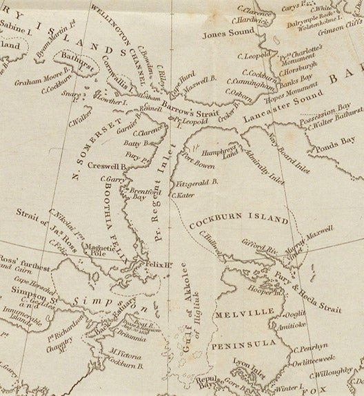 A part of the Arctic archipelago explored by ships of the Royal Navy sent out by John Barrow, 1818-1844; note Barrow Strait at the top, named by Edward Parry; detail of fourth image, Voyages of Discovery and Research within the Arctic Regions, ed. by John Barrow, 1846 (Linda Hall Library)