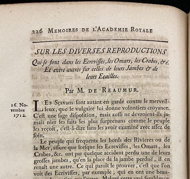 First paragraph of paper by René-Antoine Ferchault de Réaumur, “Sur les diverses reproductions qui se font dans les Ecrevisses …,” Histoire de l’Académie Royale des Sciences, avec les Memoires … année 1712 (Linda Hall Library)