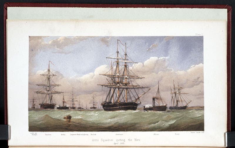 The Arctic Squadron sailing out of the Thames on its way to Baffin Bay, 1852; the two large ships are HMS Assistance (center) and HMS