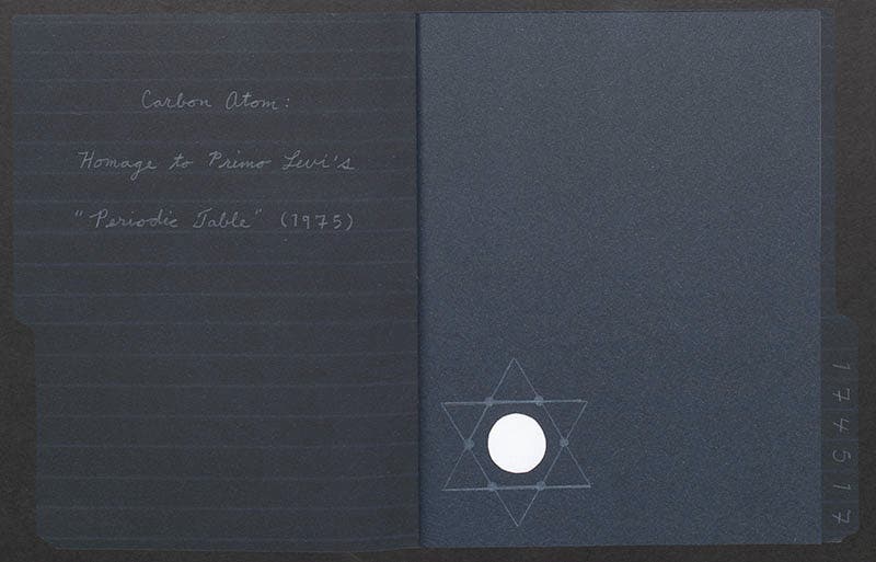 Opening spread with titlepage of Carbon Atom, by Angela Lorenz, 2019 (Linda Hall Library)