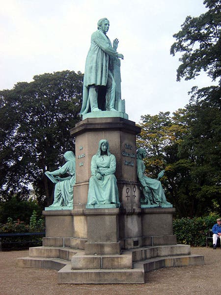 Statue of Hans Christian Oersted, by Jens Adolf Jerichau, in Oersted Park, Copenhagen, surrounded by personifications of Past, Present, and Future (Wikimedia commons)