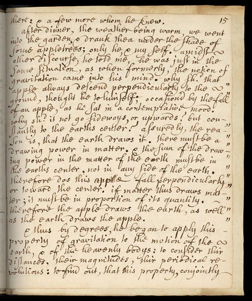 Account of Newton and the apple tree, Memoir of Sir Isaac Newton’s Life, by William Stukeley, manuscript, p. 15, 1752, Royal Society of London archives (royalsociety.org)