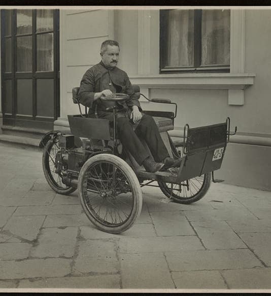 Enrico Bernardi driving one of his three-wheeled automobiles, photograph, ca 1897 (carsforgottenstories.com)