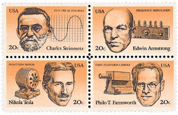 Commemorative stamps honoring four American inventors (Charles Steinmetz, Edwin Armstrong, Nikola Tesla, and Philo Farnsworth) issued by the United States Postal Service in 1983. (Mystic Stamp Company)