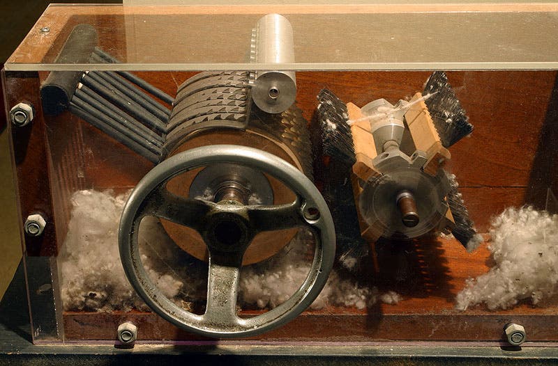 An Eli Whitney cotton gin, apparently a later model, on display at the Eli Whitney Museum, Hamden, Conn. (Wikimedia commons)