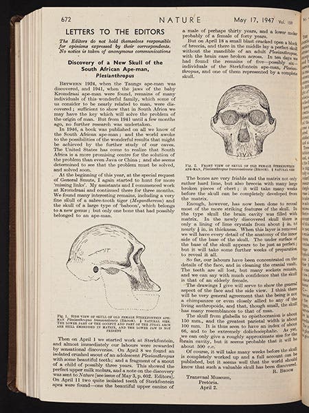 Broom’s letter to the editor of Nature, 1947 (Linda Hall Library)