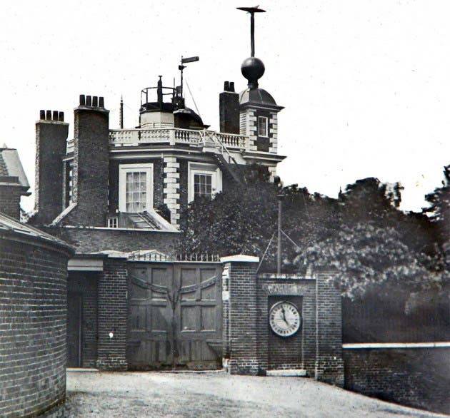 The entrance to old Greenwich Observatory, where you can see the time ball and the gate clock, photograph, 1860s (royalobservatorygreenwich.org)