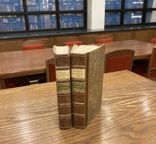 The two volumes of Physisk Beskrifning öfver Jord-Klotet (1773-74), by Torbern Bergman, in the rare book reading room (Linda Hall Library)