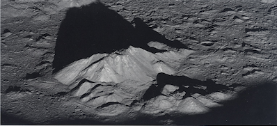 The central peak inside Tycho Crater photographed by the Lunar Reconnaissance Orbiter. Image source: LROC image M162350671 in Keller, John W., et al. “The Lunar Reconnaissance Orbiter Mission: Six Years of Science and Exploration at the Moon.” Icarus, vol. 273, pp. 2-24. View Source