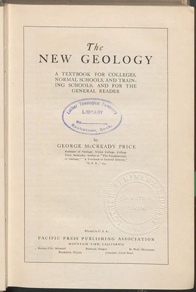 Title page, The New Geology, by George McCready Price, 1923, printed by Pacific Press Publishing Association, a Seventh-day Adventist publishing house (Linda Hall Library)