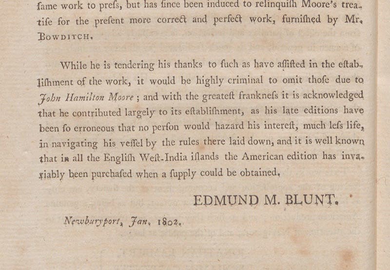 “Advertisement” by the publisher, detail, Nathaniel Bowditch, The New American Practical Navigator, 1802 (Linda Hall Library)