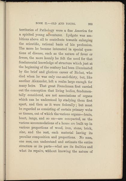 The page in Middlemarch where the ideas of Xavier Bichat, the French physician, are first introduced, from book 2, chapter 15, copy of the first edition in the New York Public Library, 1871-72 (nypl.org)