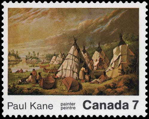 Canadian 7¢ postage stamp, 1971, honoring Paul Kane and showing his Encampment on Lake Huron, 1848-50 (postagestampguide.com)