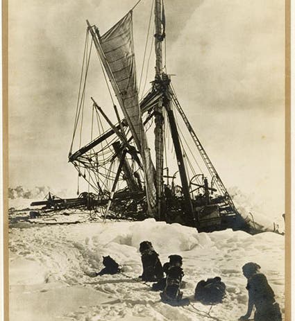 The <i>Endurance</i> being crused by the ice, Frank Hurley photograph, Nov. 1915.  This print, made and signed by Hurley, is in the State Library of Queensland (Wikimedia commons)