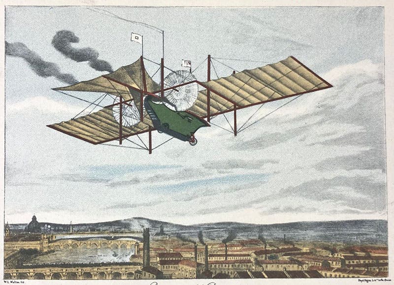 “The First Carriage, the Ariel,” chromolithograph frontispiece, copy of an 1843 engraving, in Henson and Stringfellow, Their Work in Aeronautics, by M.J.B. Davy, British Museum, 1931 (Linda Hall Library)
