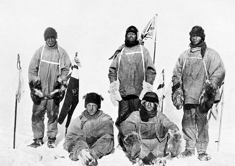 Robert Scott expeditionary members at the South Pole; Bill Wilson is seated at right, photograph, Jan. 17, 1912 (Wikimedia commons)