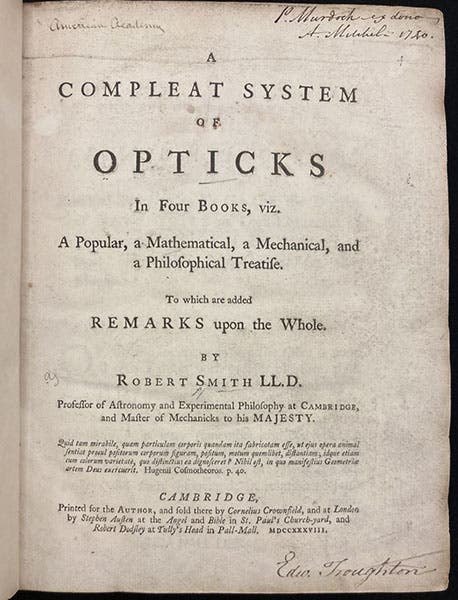 Title page, A Compleat System of Opticks, by Robert Smith, 1738 (Linda Hall Library)