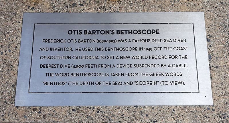 Plaque identifying Otis Barton’s Benthoscope at the Los Angeles Maritime Museum (Cindy on Tour at blogspot.com)
