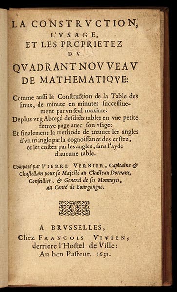 Titlepage of Pierre Vernier, La construction, l'usage, et les propriétés du quadrant nouveau de mathématique, 1631, offered for sale by rare book dealer Martayan Lan, New York City (martayanlan.com)