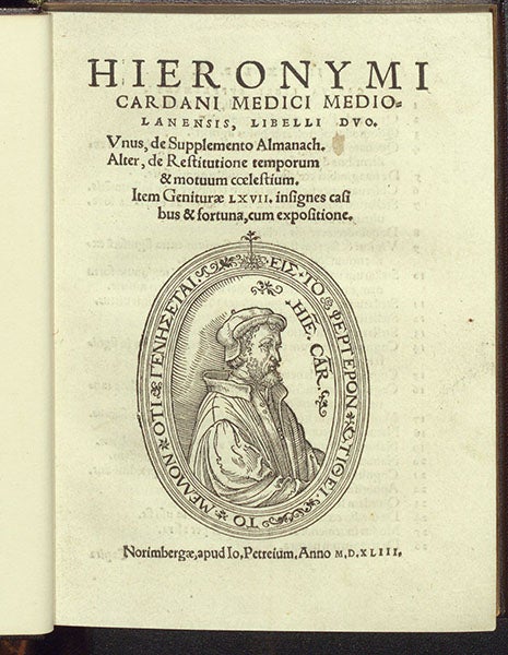 Title page with portrait vignette of author, Girolamo Cardano, Libelli duo, 1543 (Linda Hall Library)
