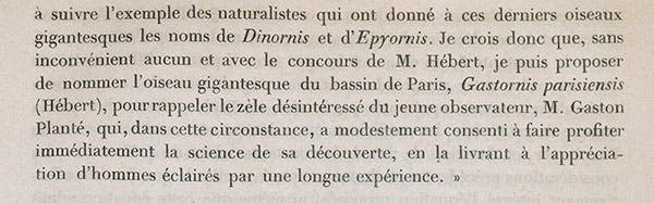 The naming of Gastornis after Gaston Planté, last paragraph of Prévost article, Comptes Rendus, 1855 (Linda Hall Library)