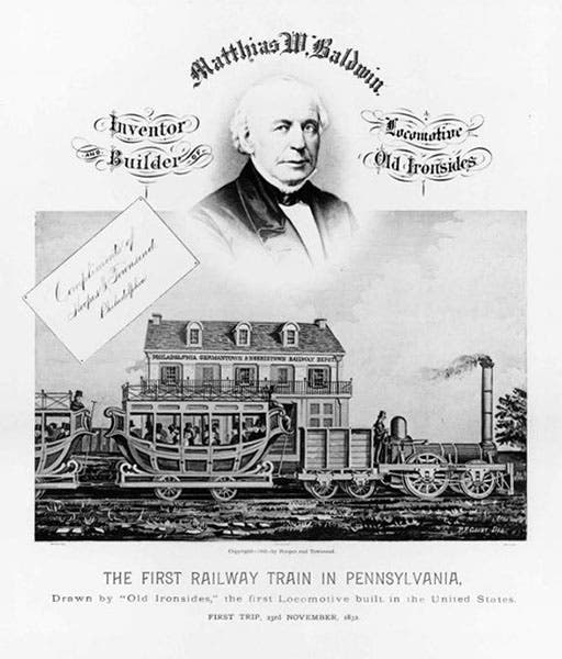 A poster of 1883 commemorating Matthias Baldwin, Old Ironsides, and the Philadelphia, Germantown, and Norristown Railroad Depot ((explorepahistory.com)