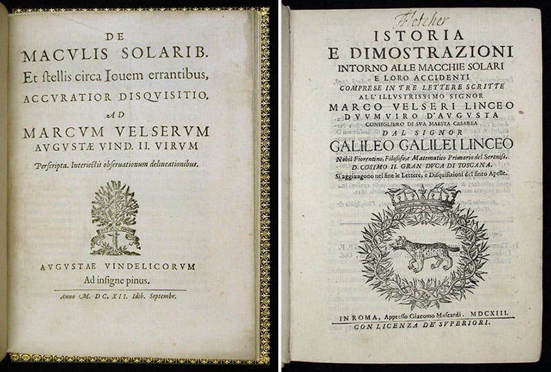 Title pages of treatises on sunspots by Christoph Scheiner (left), 1612, and Galileo Galilei, 1613 (right) (Linda Hall Library)
