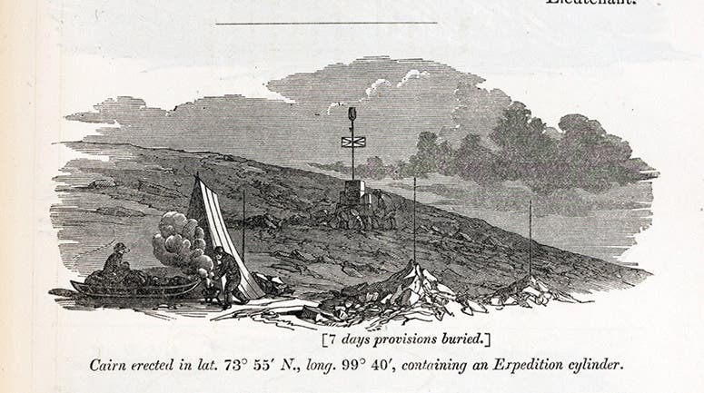 Cairns being erected indicating food caches left by the Austin expedition for the lost Franklin crew, wood engraving in the Arctic Blue Book published by the Admiralty in 1852: Additional Papers Relative to the Arctic Expedition (Linda Hall Library)