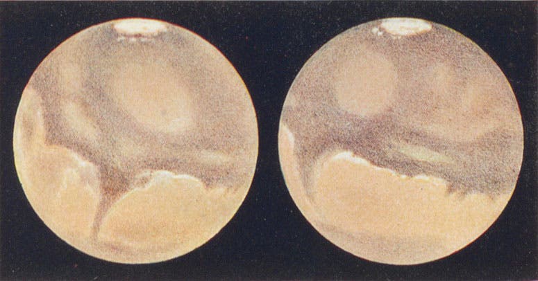 Two views of Mars, by Nathaniel Green, in Annie and Edward Maunder, The Heavens and Their Story, 1908 (Linda Hall Library)