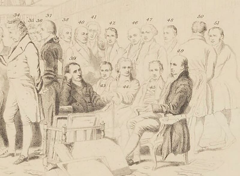 Joseph Bramah, second from right (no. 50, with back turned), detail from “Distinguished Men of Science Living in 1807-08,” by John Gilbert, National Portrait Galley, London (npg.org.uk)