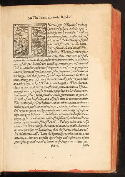 The beginning of the “Translator to the Reader” in Billingsley’s Euclid, 1570 (Linda Hall Library)