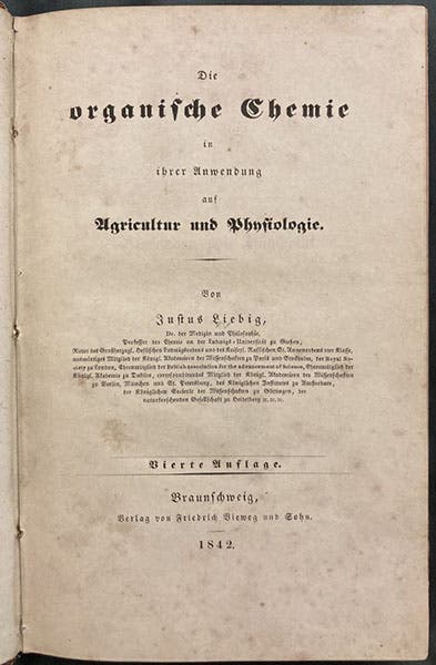 Title page, Die organische Chemie in ihrer Anwendung auf Agricultur und Physiologie, by Justus von Liebig, 4th ed., 1842 (Linda Hall Library)