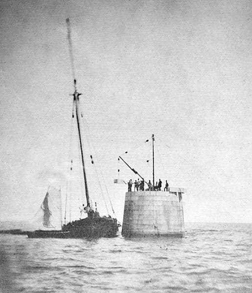 Minot’s Ledge Lighthouse under construction, 1858? (lighthousefriends.com)