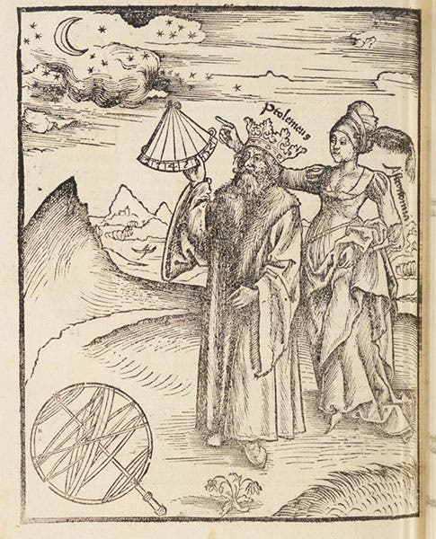 Personification of the liberal art Astronomia, with Ptolemy of Alexandria, woodcut in Margarita philosophica, by Gregor Reisch, 1517 (Linda Hall Library)