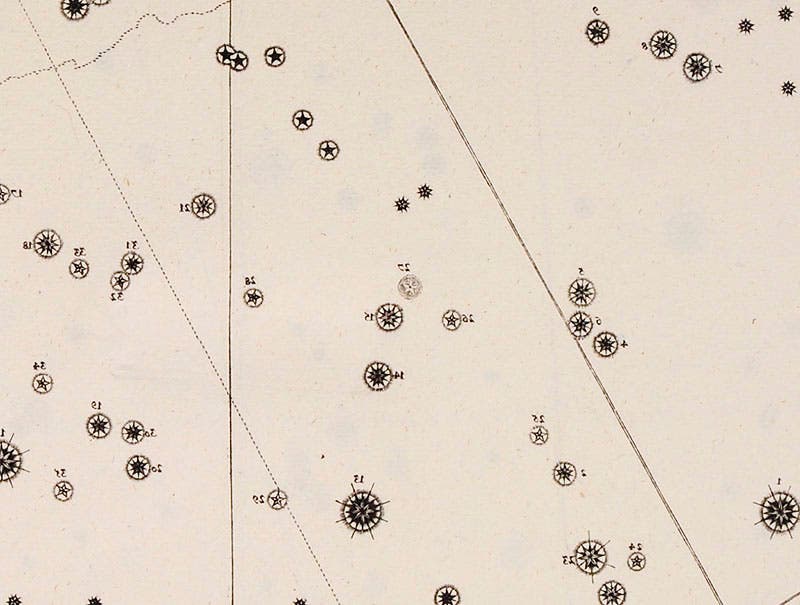 Detail of fourth image, central section of Sepulcher or Andromeda, with the great nebula of Andromeda shown as a fuzzy blob to the right of center, identified by the number “12” in reverse (Linda Hall Library)